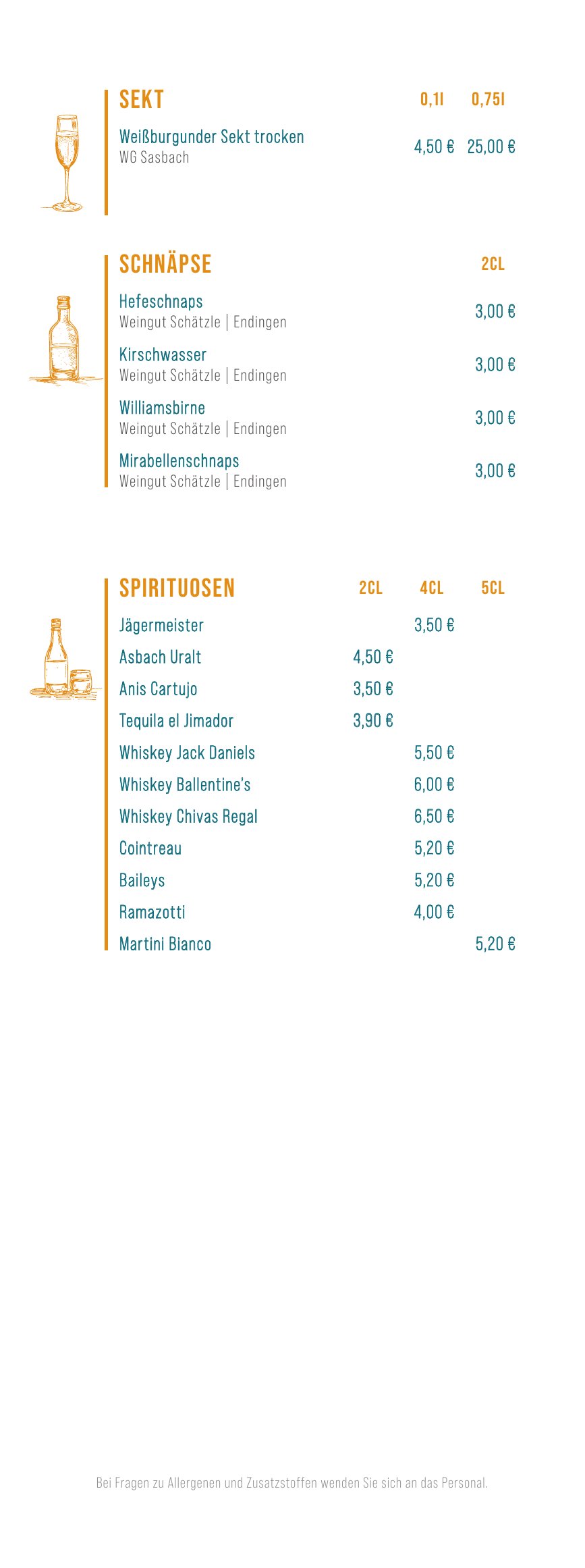 Bistrokarte – Sekt, Schnäpse & Spirituosen