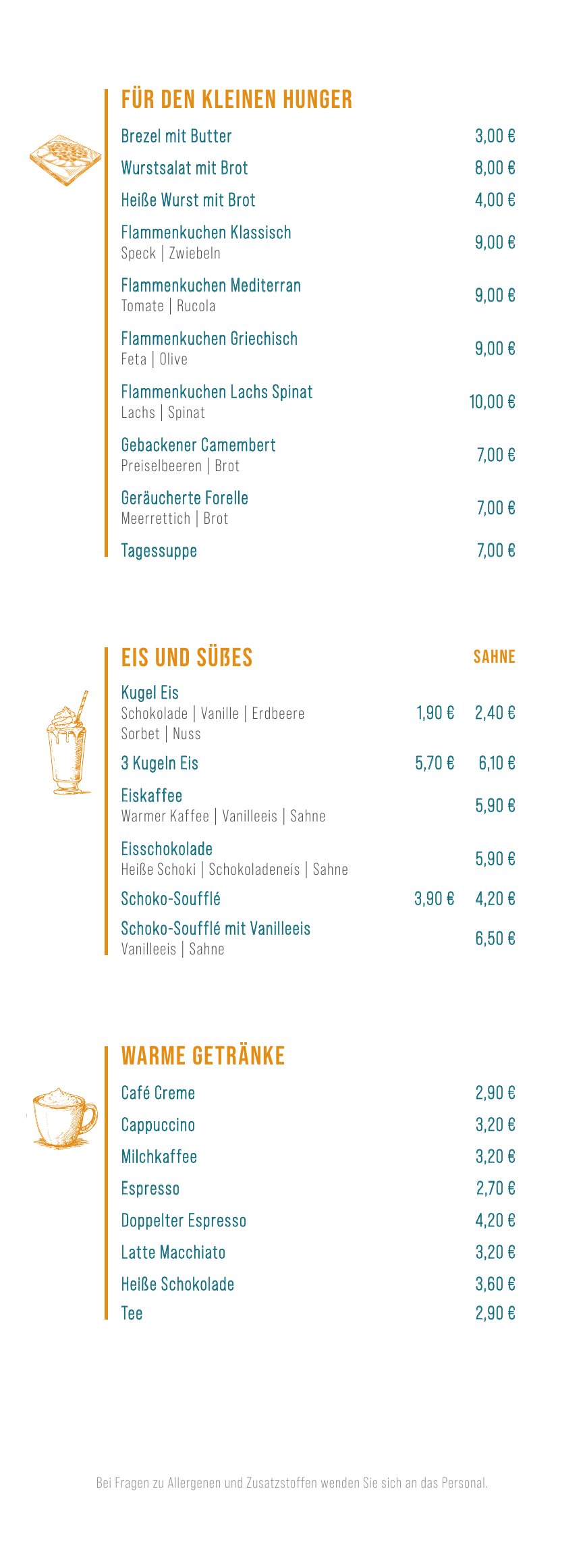 Bistrokarte – Küche, Eis & warme Getränke
